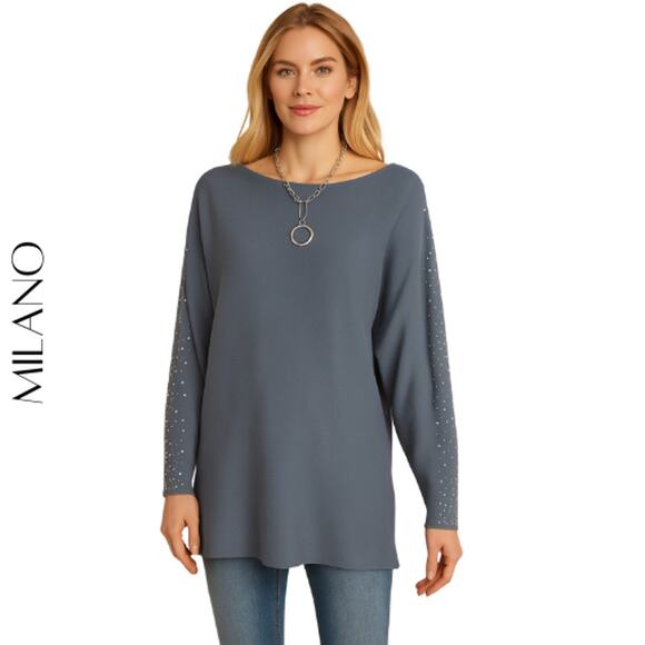 Milano Blue Dolman Sleeve Sweater with Sequins & Silver Studs, L - Picture 1 of 8